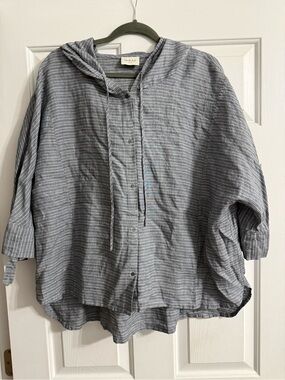 Wrap London Gray Striped Linen Button-Up Hoodie 100% linen 14